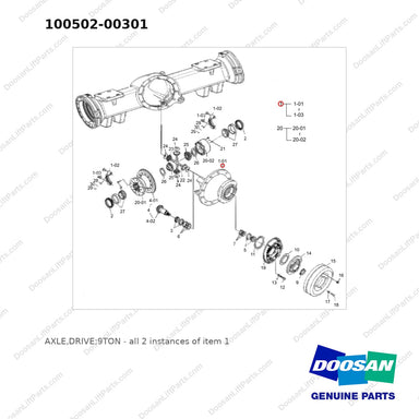 100502-00301 AXLE,DRIVE;9TON - full parts diagram, item 1 marked - genuine Doosan / Bobcat forklift part