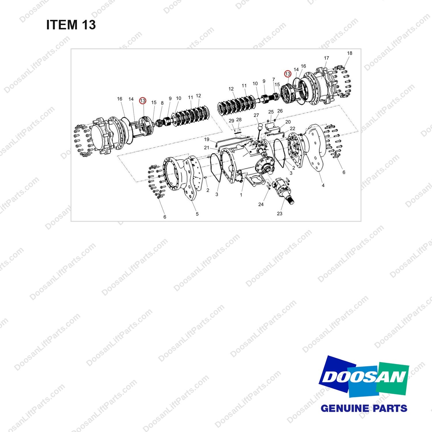 100502-00364 AXLE GROUP,DRIVE;KD40A - full parts diagram, item 13 marked - genuine Doosan / Bobcat forklift part