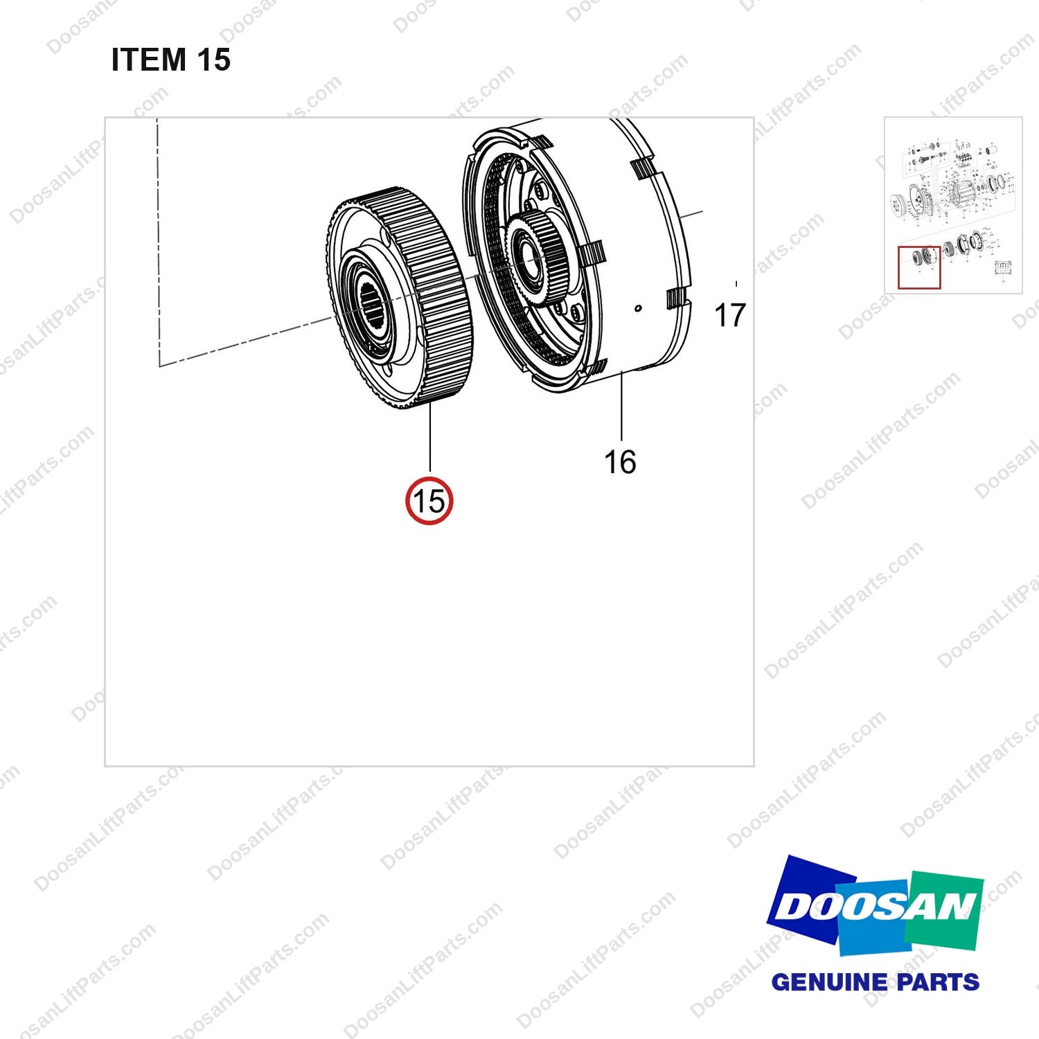 100502-00389 TRANSMISSION ASSY;MT40A - parts diagram, item 15 shown - genuine Doosan / Bobcat forklift part