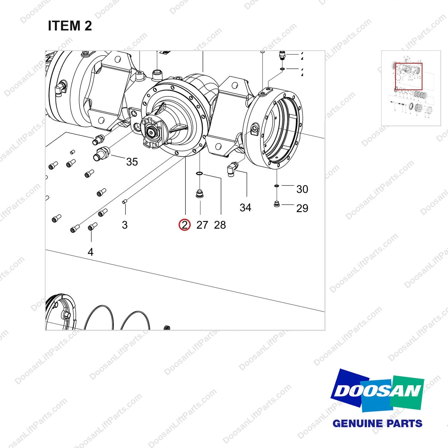 100502-00392 AXLE ASSY,DRIVE;MD40A - parts diagram, item 2 shown - genuine Doosan / Bobcat forklift part