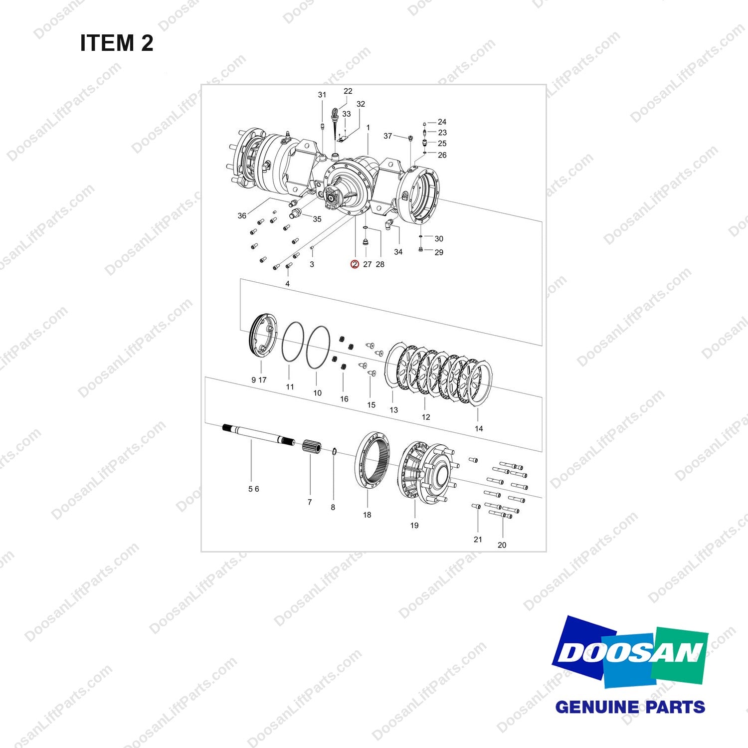 100502-00392 AXLE ASSY,DRIVE;MD40A - full parts diagram, item 2 marked - genuine Doosan / Bobcat forklift part
