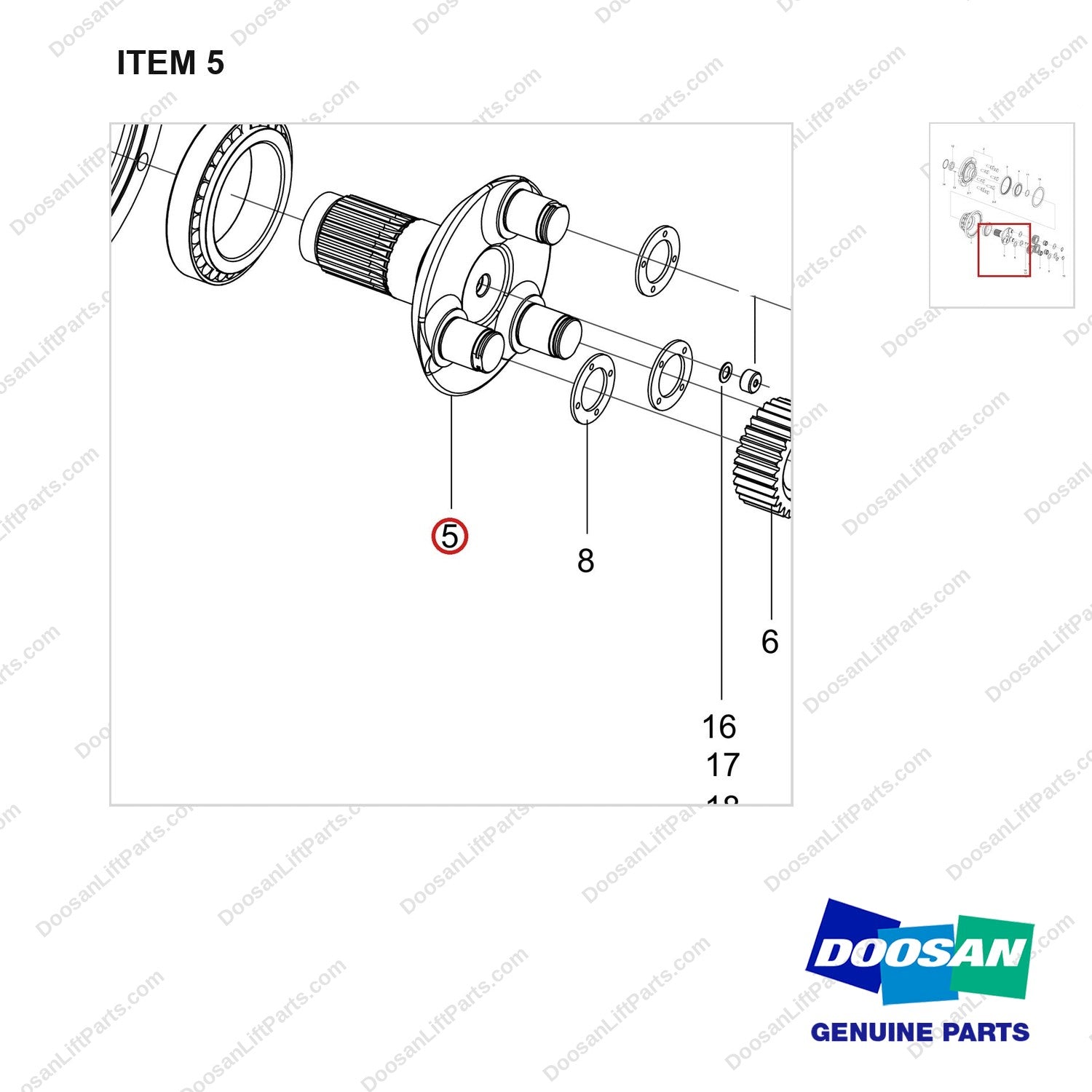 100502-00394 HUB,AXLE;ASSY - parts diagram, item 5 shown - genuine Doosan / Bobcat forklift part
