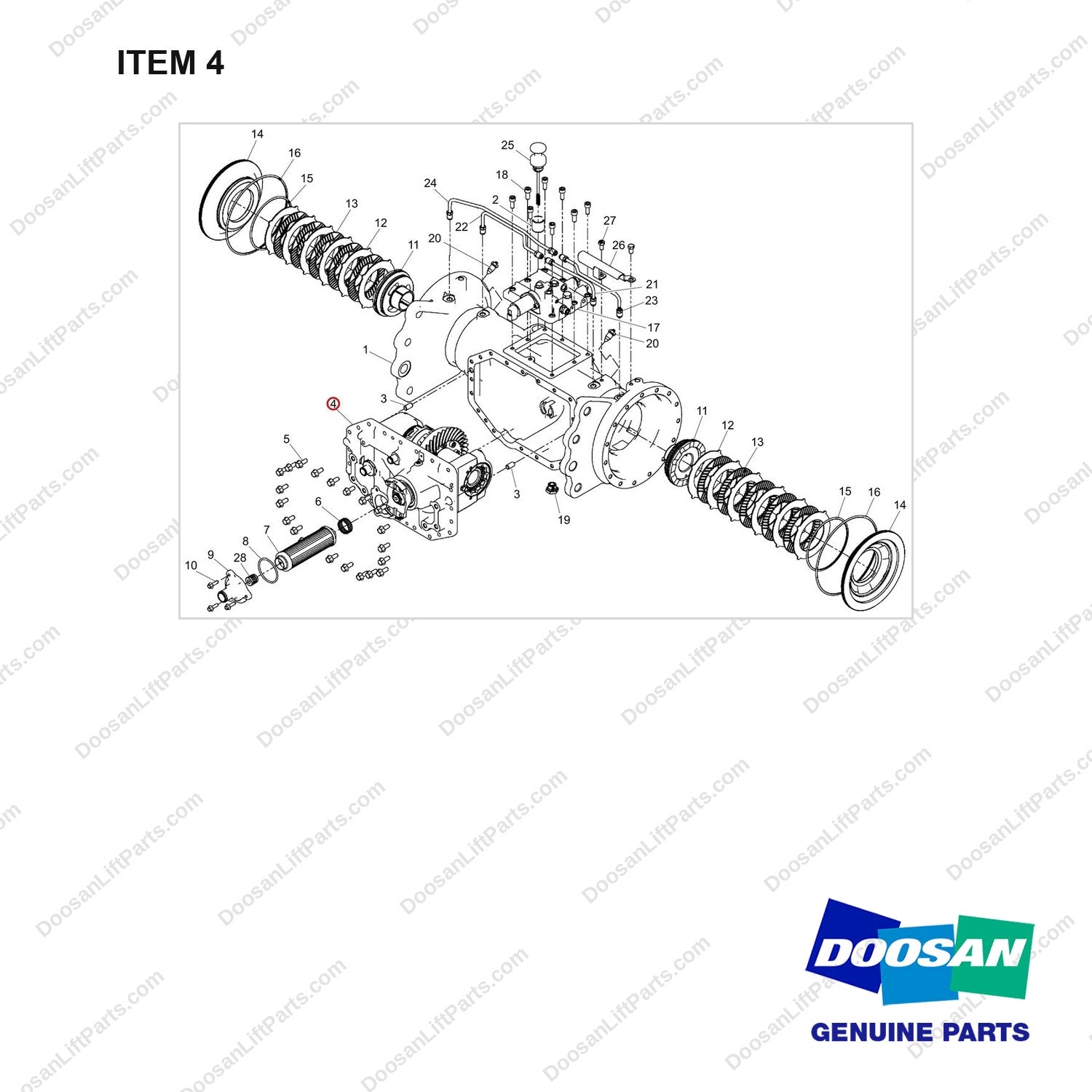 100502-00399 HOUSING ASSY,AXLE;FRONT - full parts diagram, item 4 marked - genuine Doosan / Bobcat forklift part
