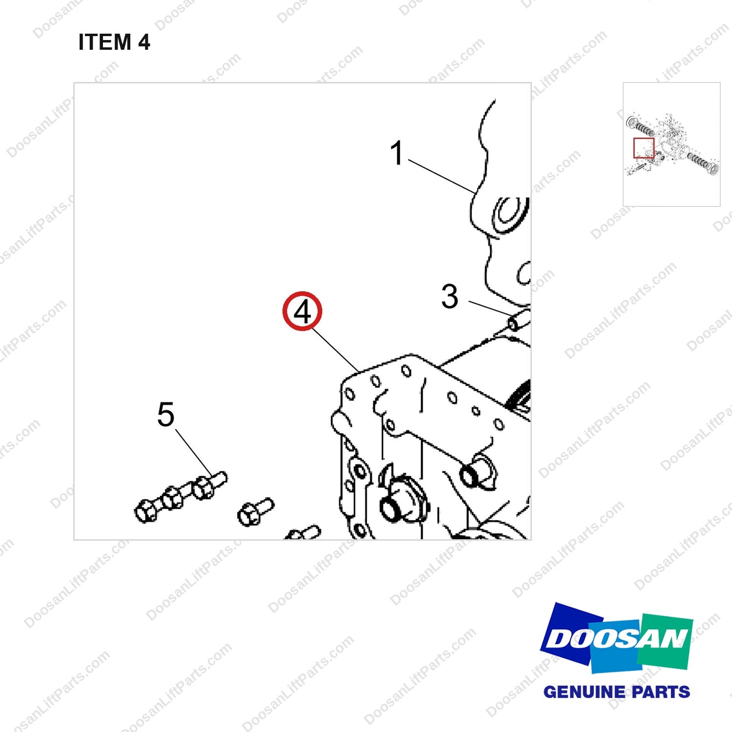 100502-00399 HOUSING ASSY,AXLE;FRONT - parts diagram, item 4 shown - genuine Doosan / Bobcat forklift part