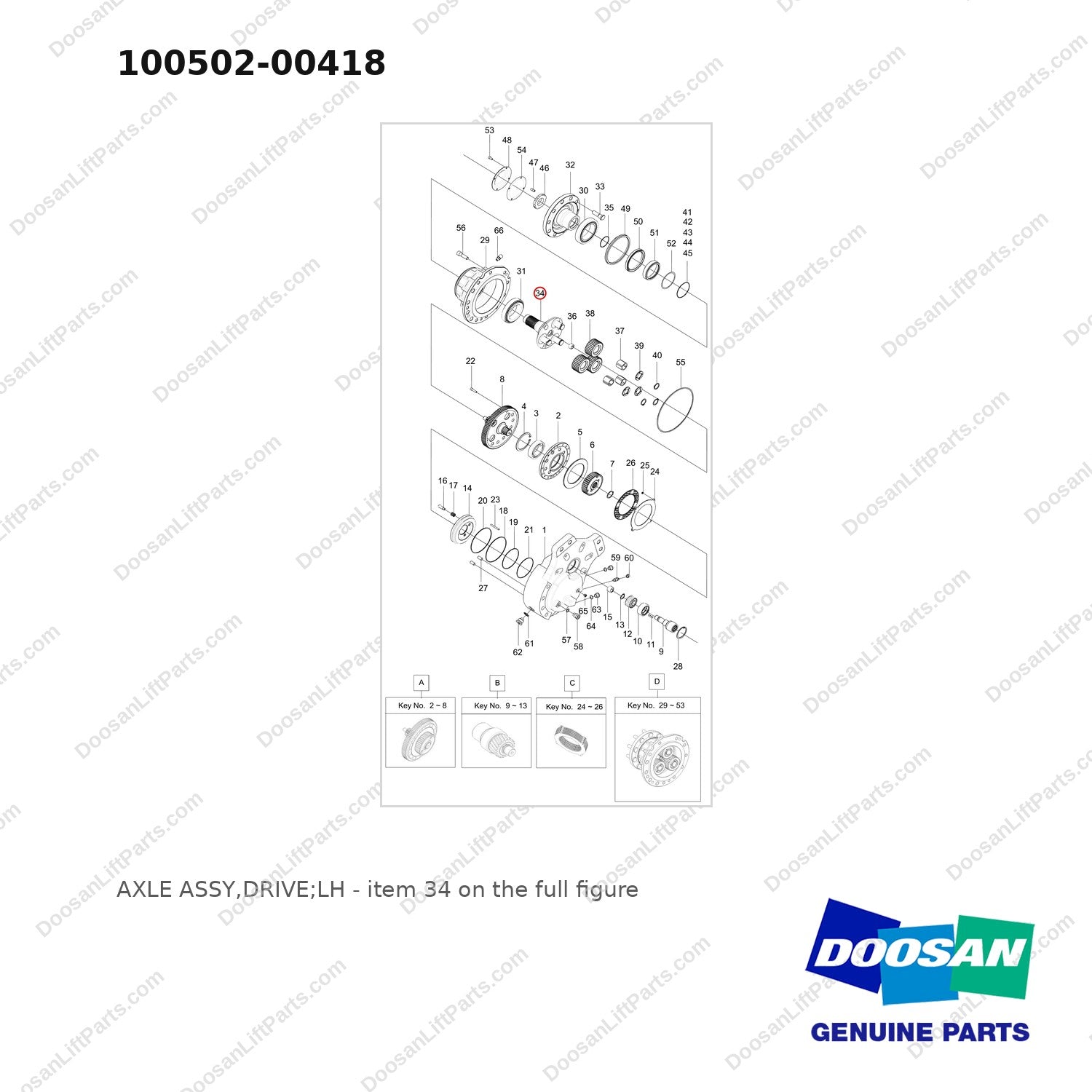 100502-00418 AXLE ASSY,DRIVE;LH - full parts diagram, item 34 marked - genuine Doosan / Bobcat forklift part