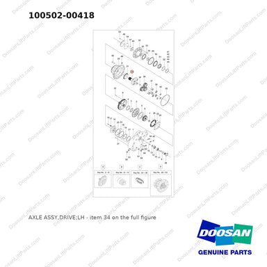 100502-00418 AXLE ASSY,DRIVE;LH - full parts diagram, item 34 marked - genuine Doosan / Bobcat forklift part