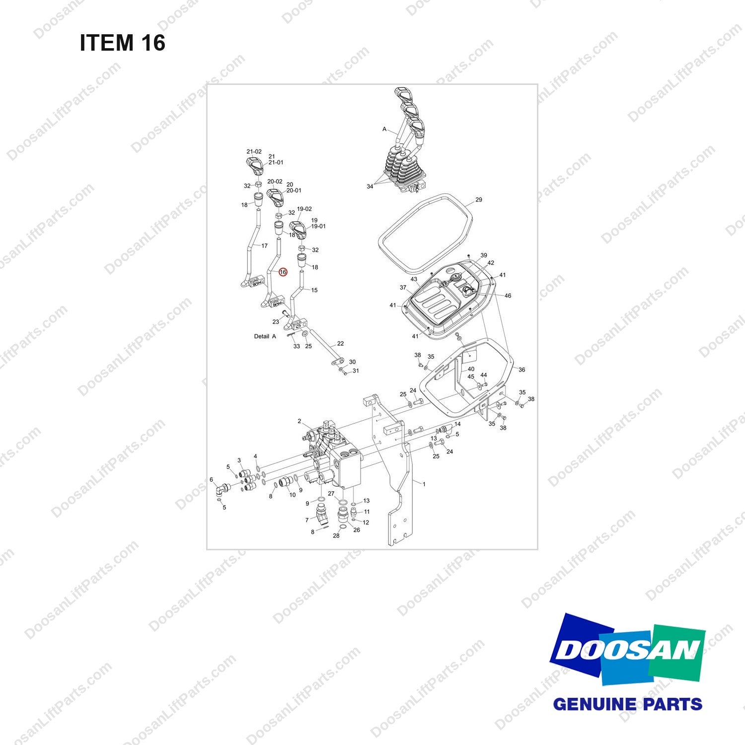 101101-00991 VALVE GROUP,CONTROL;3 SECTION,3 LEVER - full parts diagram, item 16 marked - genuine Doosan / Bobcat forklift part