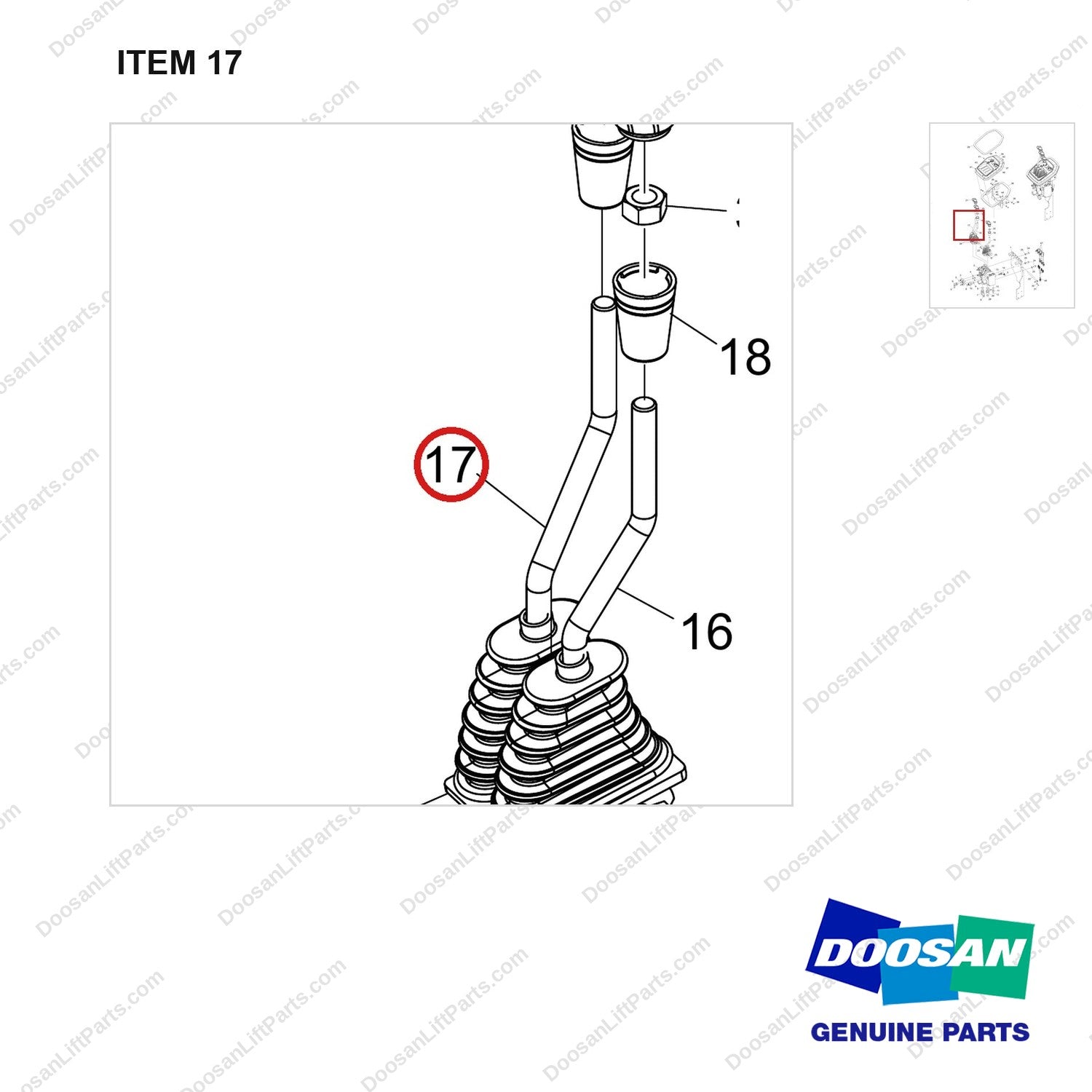 101101-01047 VALVE GROUP,CONTROL;3 SECTION,3 LEVER (F/S) - parts diagram, item 17 shown - genuine Doosan / Bobcat forklift part