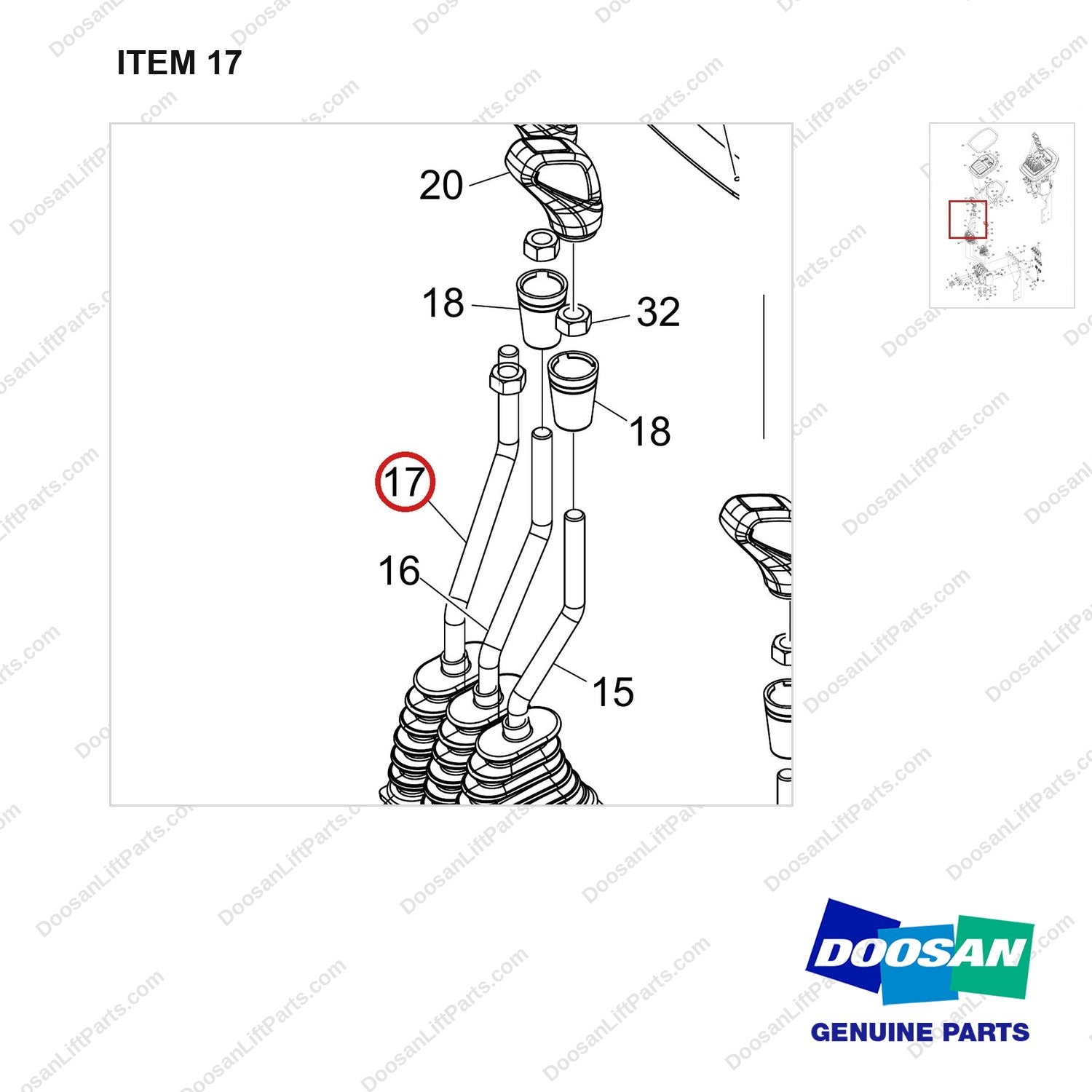 101101-01048 VALVE GROUP,CONTROL;4 SECTION,4 LEVER (F/S) - parts diagram, item 17 shown - genuine Doosan / Bobcat forklift part