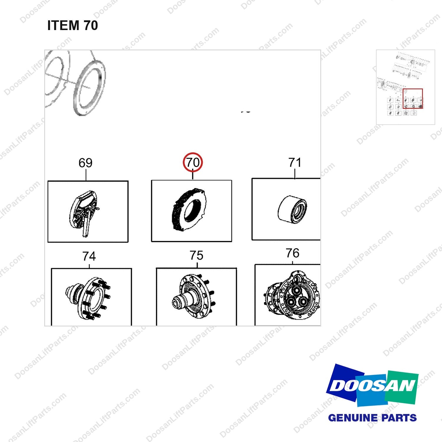 101529-00158 AXLE,DRIVE;L/H - parts diagram, item 70 shown - genuine Doosan / Bobcat forklift part