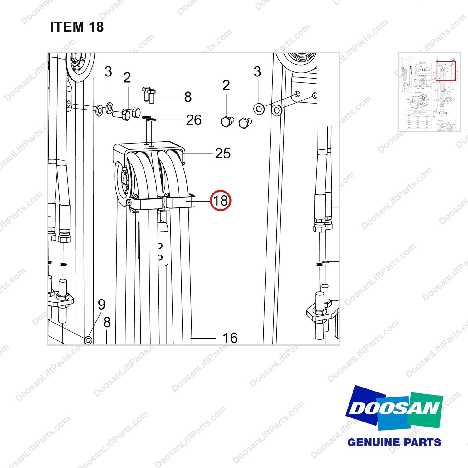 101529-01989 MERCHANDIZING;PRI 4WAY(FF) - parts diagram, item 18 shown - genuine Doosan / Bobcat forklift part