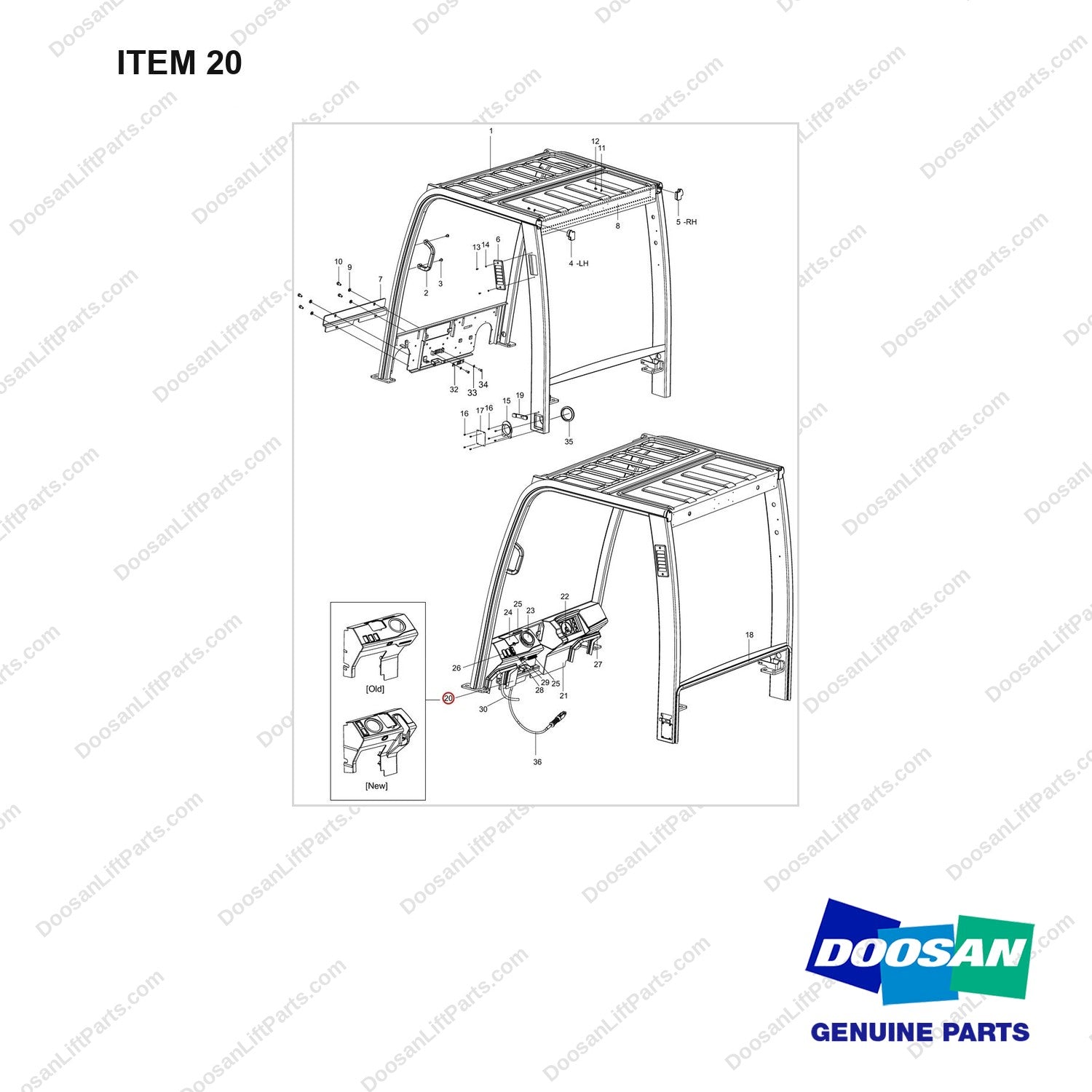 101529-02005 GUARD GROUP;OVERHEAD - full parts diagram, item 20 marked - genuine Doosan / Bobcat forklift part