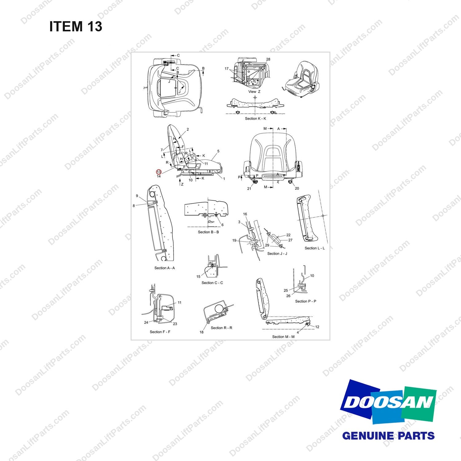101529-02046 SEAT;STATIC;STD,W/O LOGO (NON-NACA) - full parts diagram, item 13 marked - genuine Doosan / Bobcat forklift part