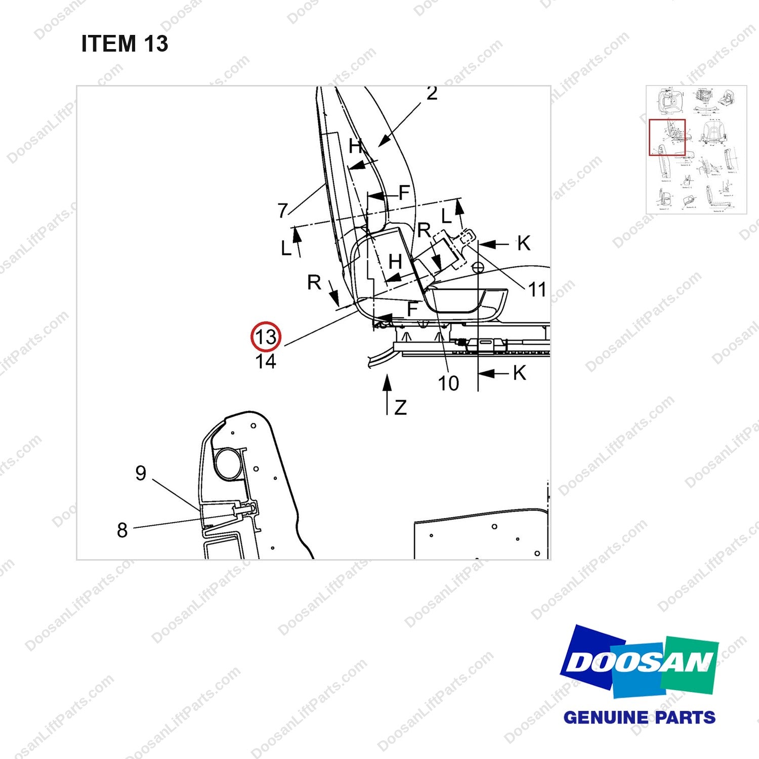 101529-02046 SEAT;STATIC;STD,W/O LOGO (NON-NACA) - parts diagram, item 13 shown - genuine Doosan / Bobcat forklift part