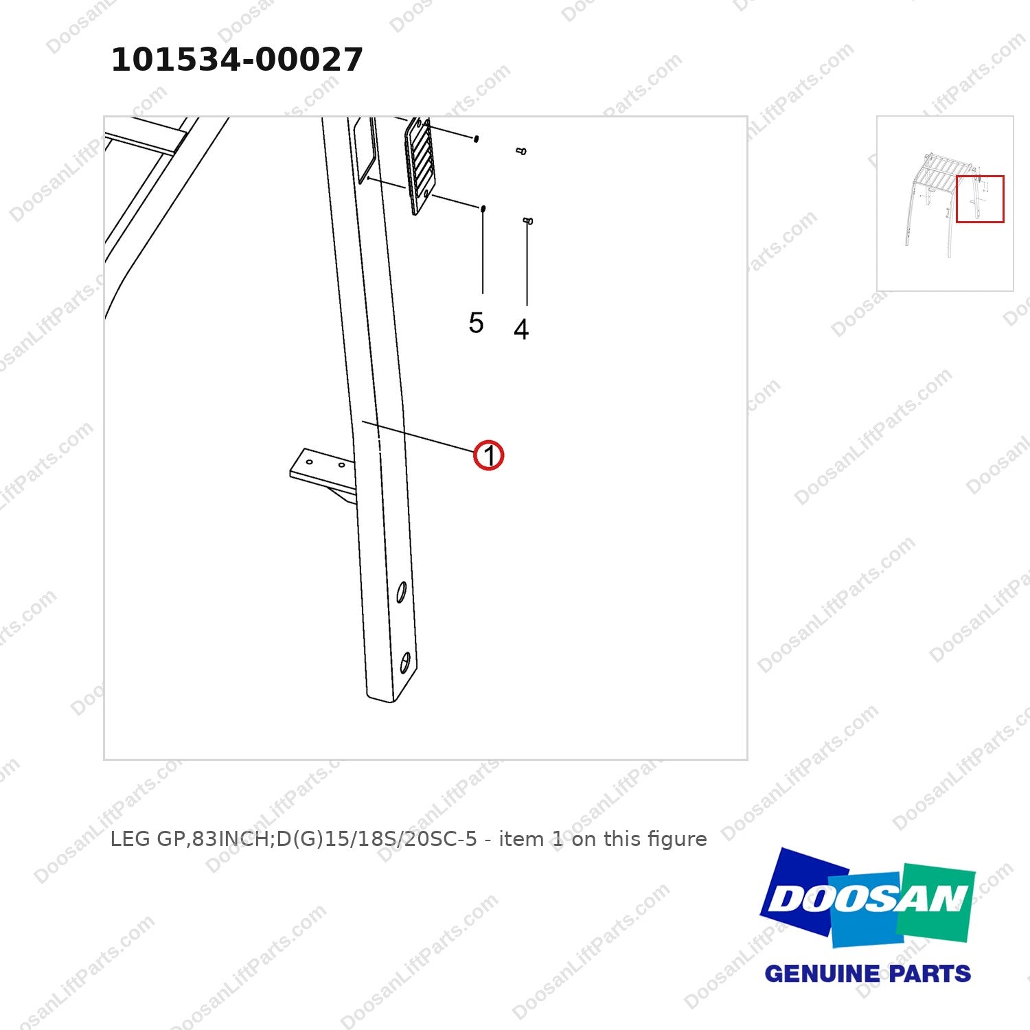 101534-00027 LEG GP,83INCH;D(G)15/18S/20SC-5 - parts diagram, item 1 shown - genuine Doosan / Bobcat forklift part