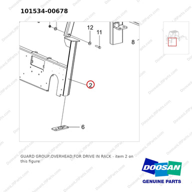 101534-00678 GUARD GROUP,OVERHEAD;FOR DRIVE IN RACK - parts diagram, item 2 shown - genuine Doosan / Bobcat forklift part