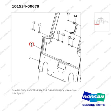 101534-00679 GUARD GROUP,OVERHEAD;FOR DRIVE IN RACK - parts diagram, item 3 shown - genuine Doosan / Bobcat forklift part