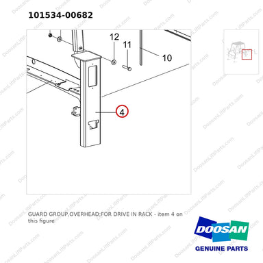 101534-00682 GUARD GROUP,OVERHEAD;FOR DRIVE IN RACK - parts diagram, item 4 shown - genuine Doosan / Bobcat forklift part