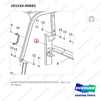 101534-00683 GUARD GROUP,OVERHEAD;FOR DRIVE IN RACK - parts diagram, item 5 shown - genuine Doosan / Bobcat forklift part