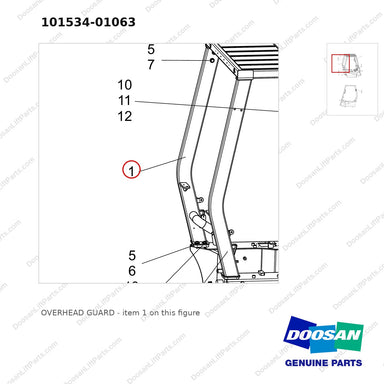 101534-01063 OVERHEAD GUARD - parts diagram, item 1 shown - genuine Doosan / Bobcat forklift part