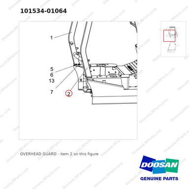 101534-01064 OVERHEAD GUARD - parts diagram, item 2 shown - genuine Doosan / Bobcat forklift part