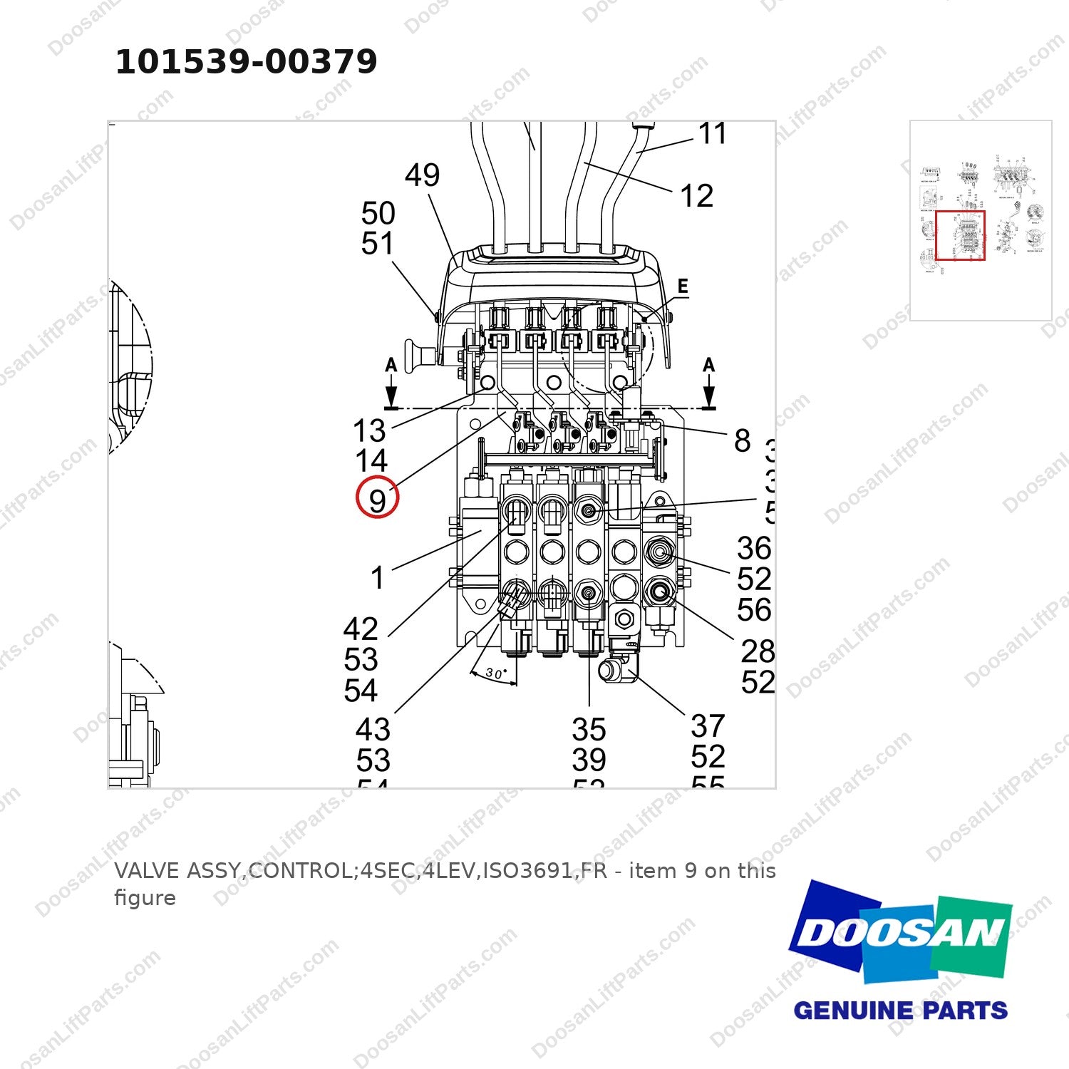 101539-00379 VALVE ASSY,CONTROL;4SEC,4LEV,ISO3691,FR - parts diagram, item 9 shown - genuine Doosan / Bobcat forklift part