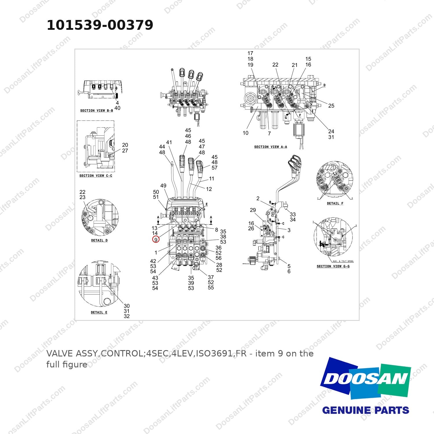101539-00379 VALVE ASSY,CONTROL;4SEC,4LEV,ISO3691,FR - full parts diagram, item 9 marked - genuine Doosan / Bobcat forklift part