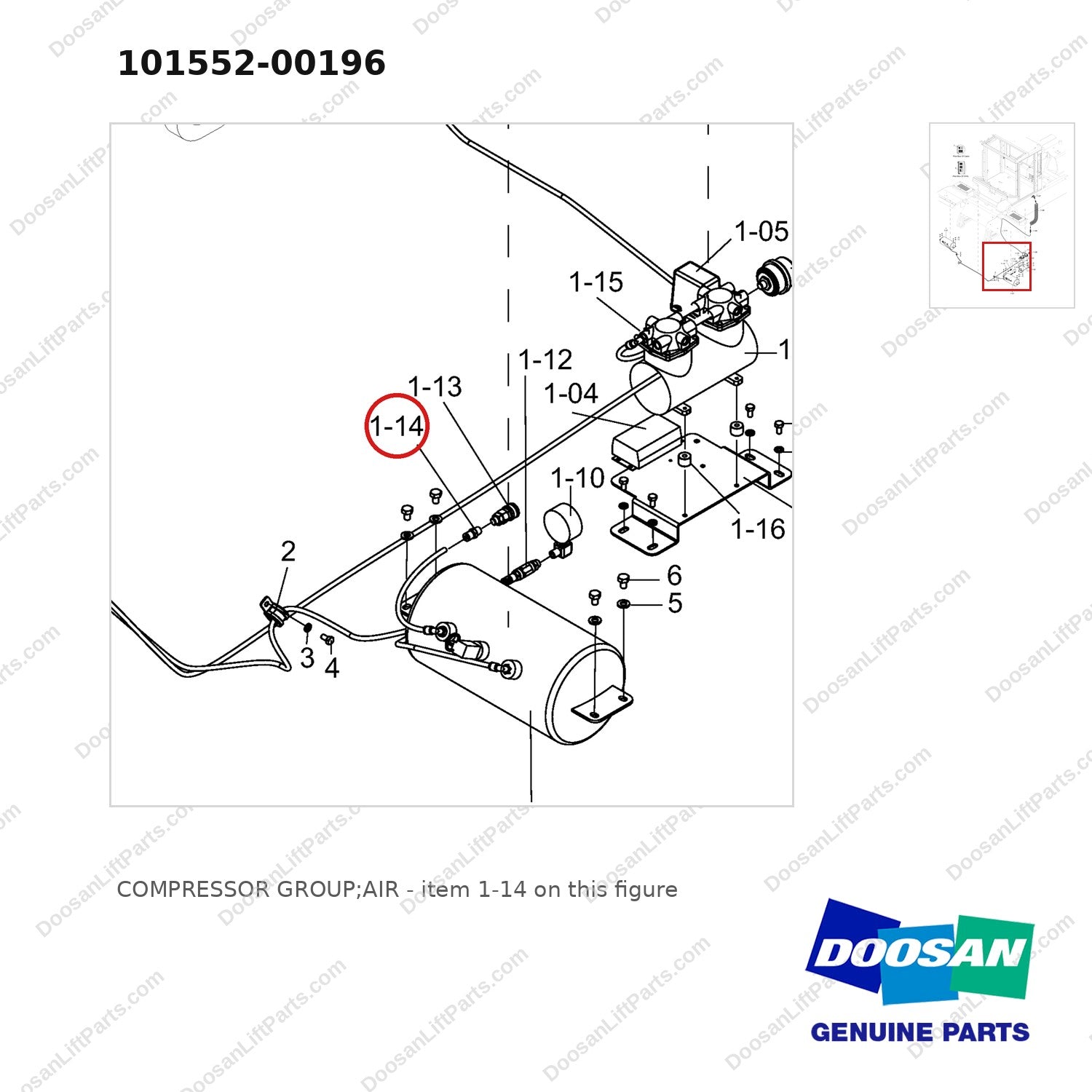 101552-00196 COMPRESSOR GROUP;AIR - parts diagram, item 1-14 shown - genuine Doosan / Bobcat forklift part