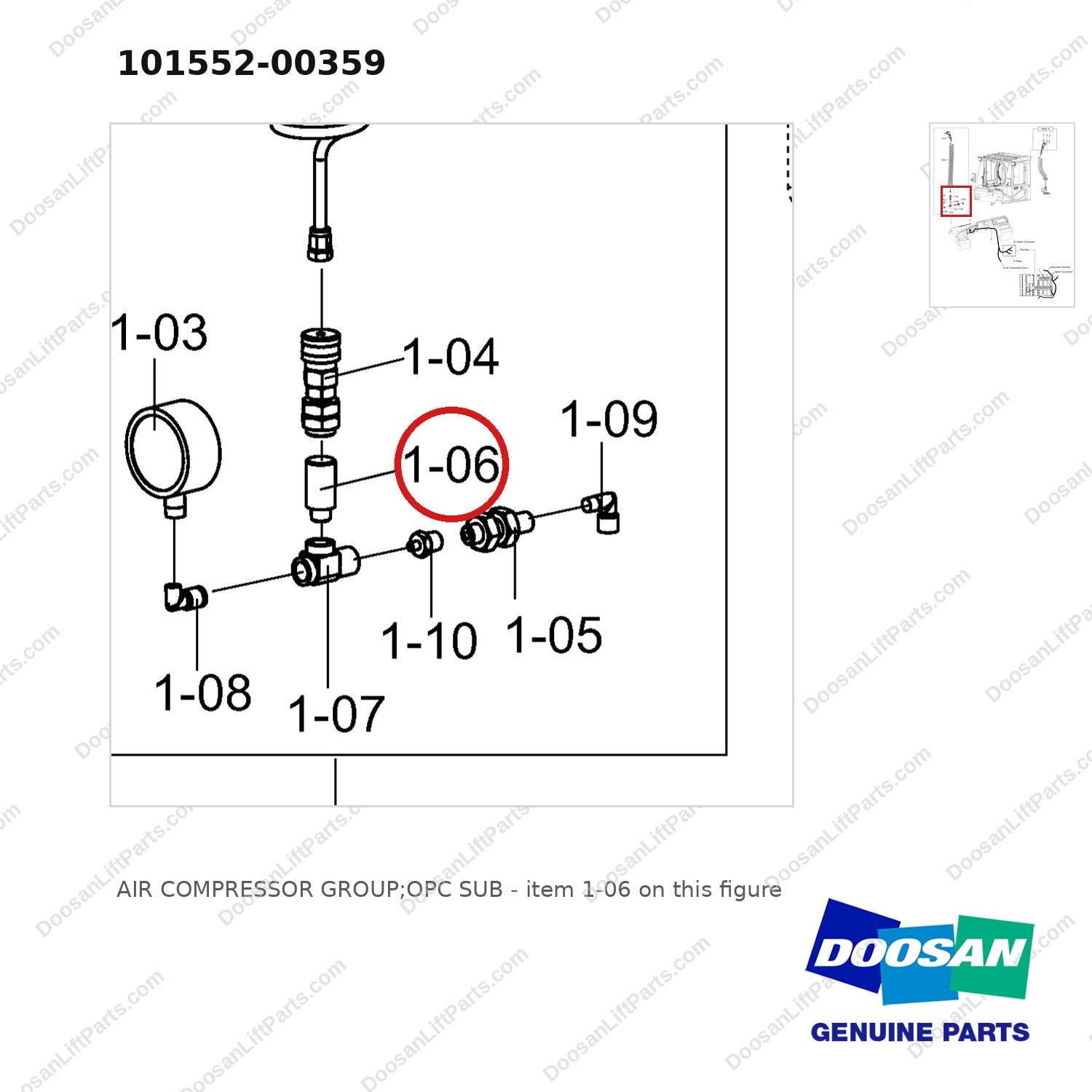 101552-00359 AIR COMPRESSOR GROUP;OPC SUB - parts diagram, item 1-06 shown - genuine Doosan / Bobcat forklift part