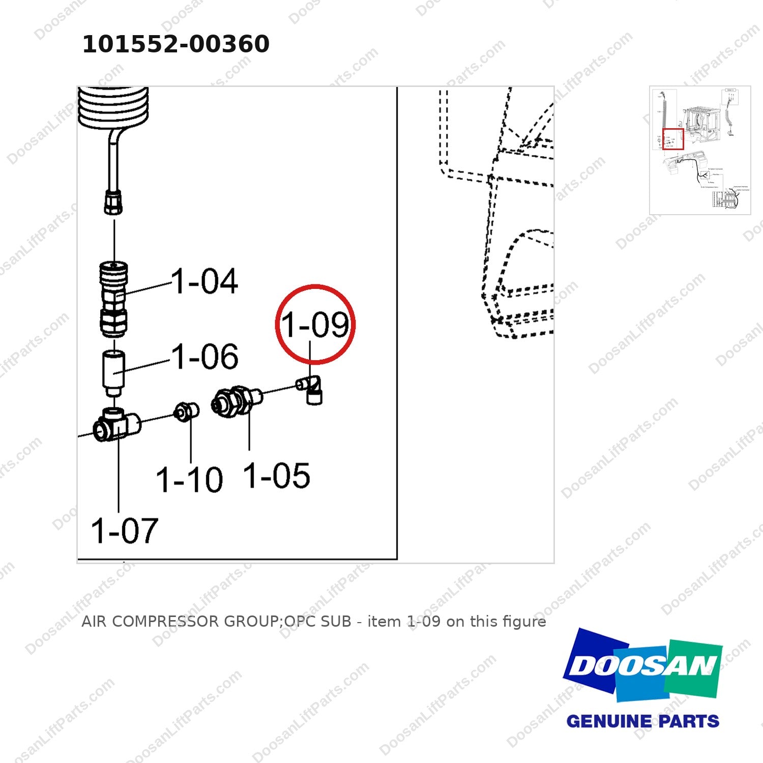 101552-00360 AIR COMPRESSOR GROUP;OPC SUB - parts diagram, item 1-09 shown - genuine Doosan / Bobcat forklift part