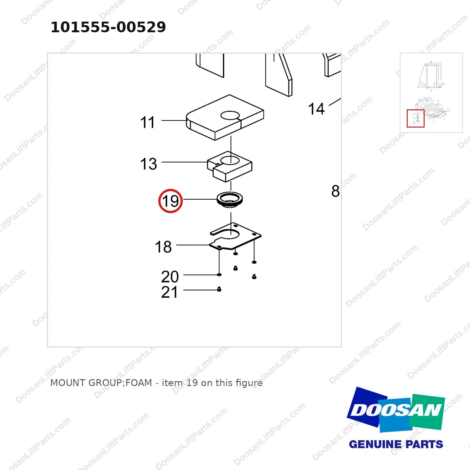 101555-00529 MOUNT GROUP;FOAM - parts diagram, item 19 shown - genuine Doosan / Bobcat forklift part