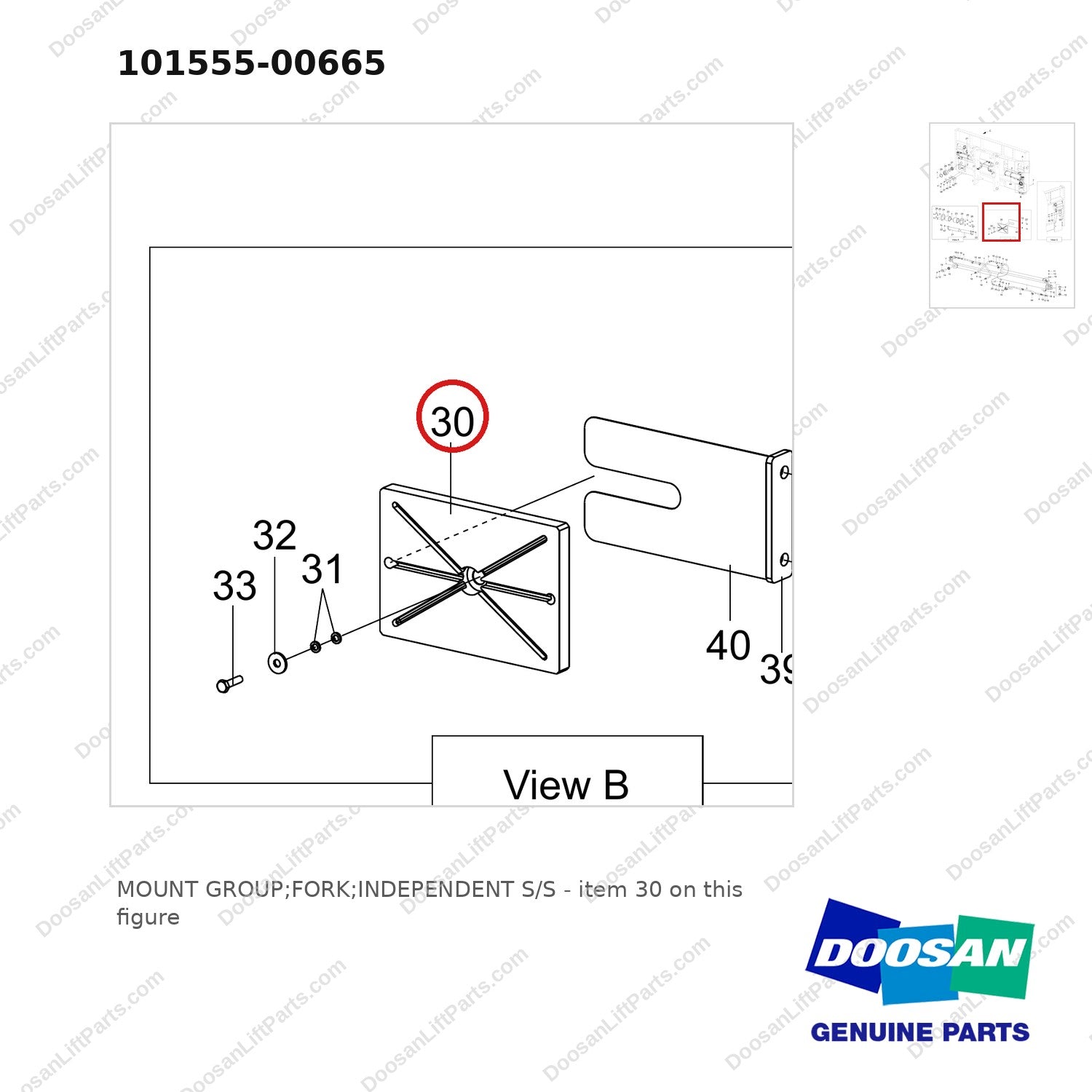 101555-00665 MOUNT GROUP;FORK;INDEPENDENT S/S - parts diagram, item 30 shown - genuine Doosan / Bobcat forklift part