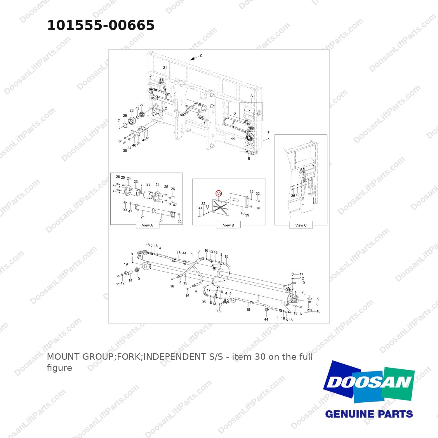 101555-00665 MOUNT GROUP;FORK;INDEPENDENT S/S - full parts diagram, item 30 marked - genuine Doosan / Bobcat forklift part