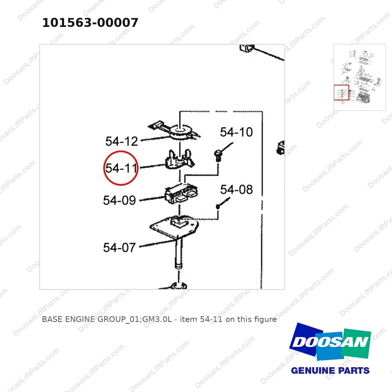 101563-00007 BASE ENGINE GROUP_01;GM3.0L - parts diagram, item 54-11 shown - genuine Doosan / Bobcat forklift part