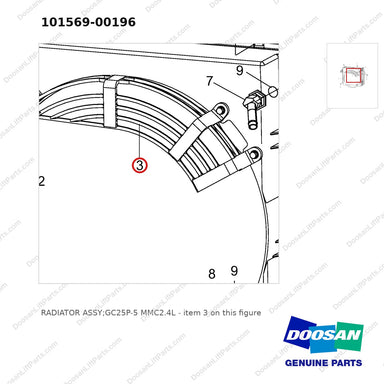 101569-00196 RADIATOR ASSY;GC25P-5 MMC2.4L - parts diagram, item 3 shown - genuine Doosan / Bobcat forklift part