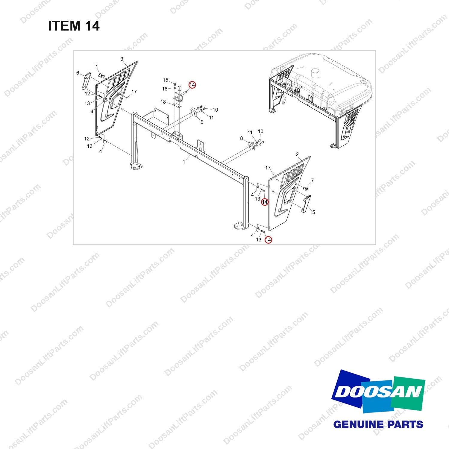 101583-00201 SUPPORT ASSY;REAR HOOD,D70S-9 - full parts diagram, item 14 marked - genuine Doosan / Bobcat forklift part