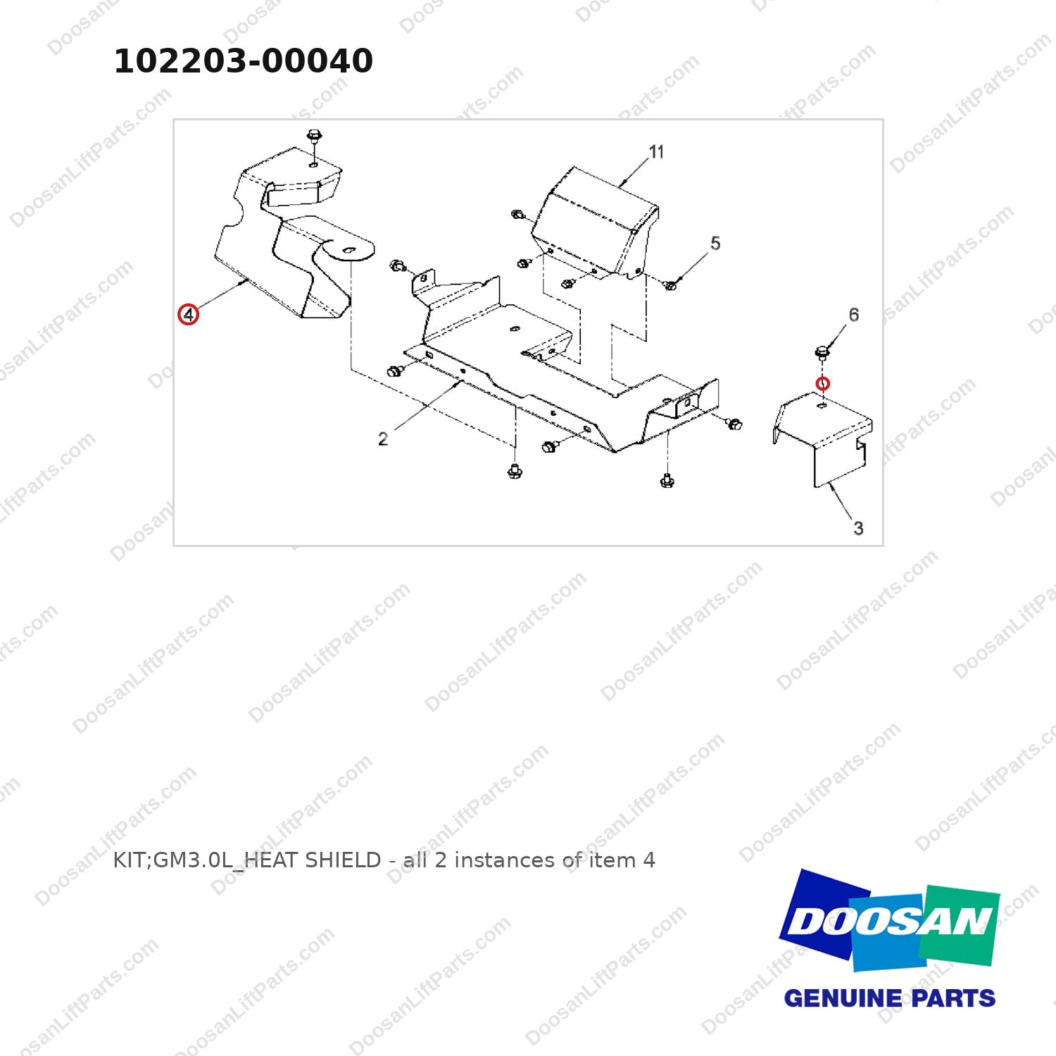 102203-00040 KIT;GM3.0L_HEAT SHIELD - full parts diagram, item 4 marked - genuine Doosan / Bobcat forklift part