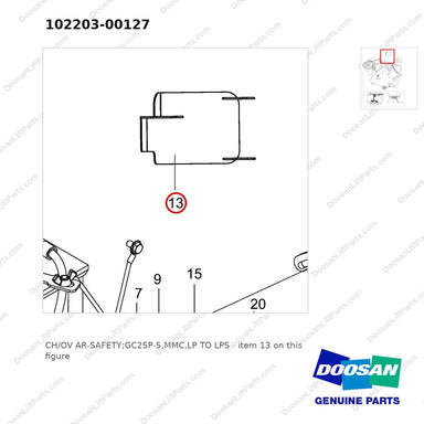 102203-00127 CH/OV AR-SAFETY;GC25P-5,MMC,LP TO LPS - parts diagram, item 13 shown - genuine Doosan / Bobcat forklift part