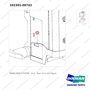 102301-00743 PANEL;GROUP-OUTER - 14.4 - parts diagram, item 12 shown - genuine Doosan / Bobcat forklift part