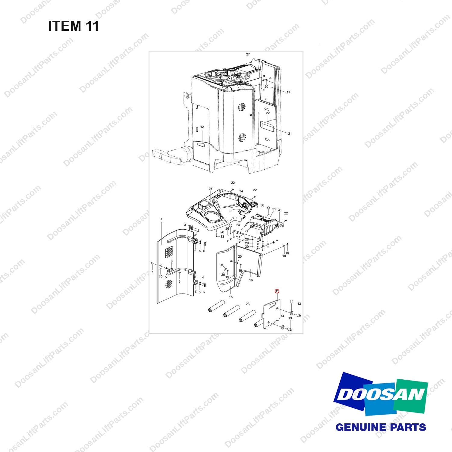 102301-00864 PANEL;GROUP-OUTER - 14.4 - full parts diagram, item 11 marked - genuine Doosan / Bobcat forklift part