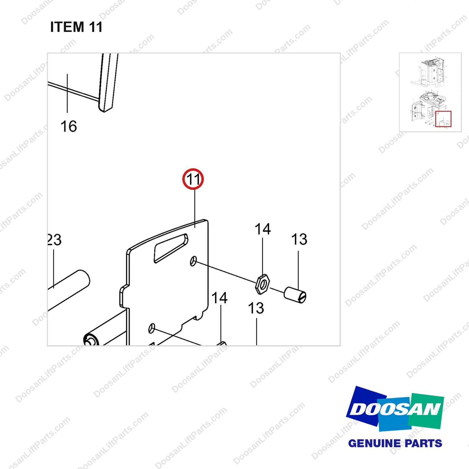 102301-00864 PANEL;GROUP-OUTER - 14.4 - parts diagram, item 11 shown - genuine Doosan / Bobcat forklift part