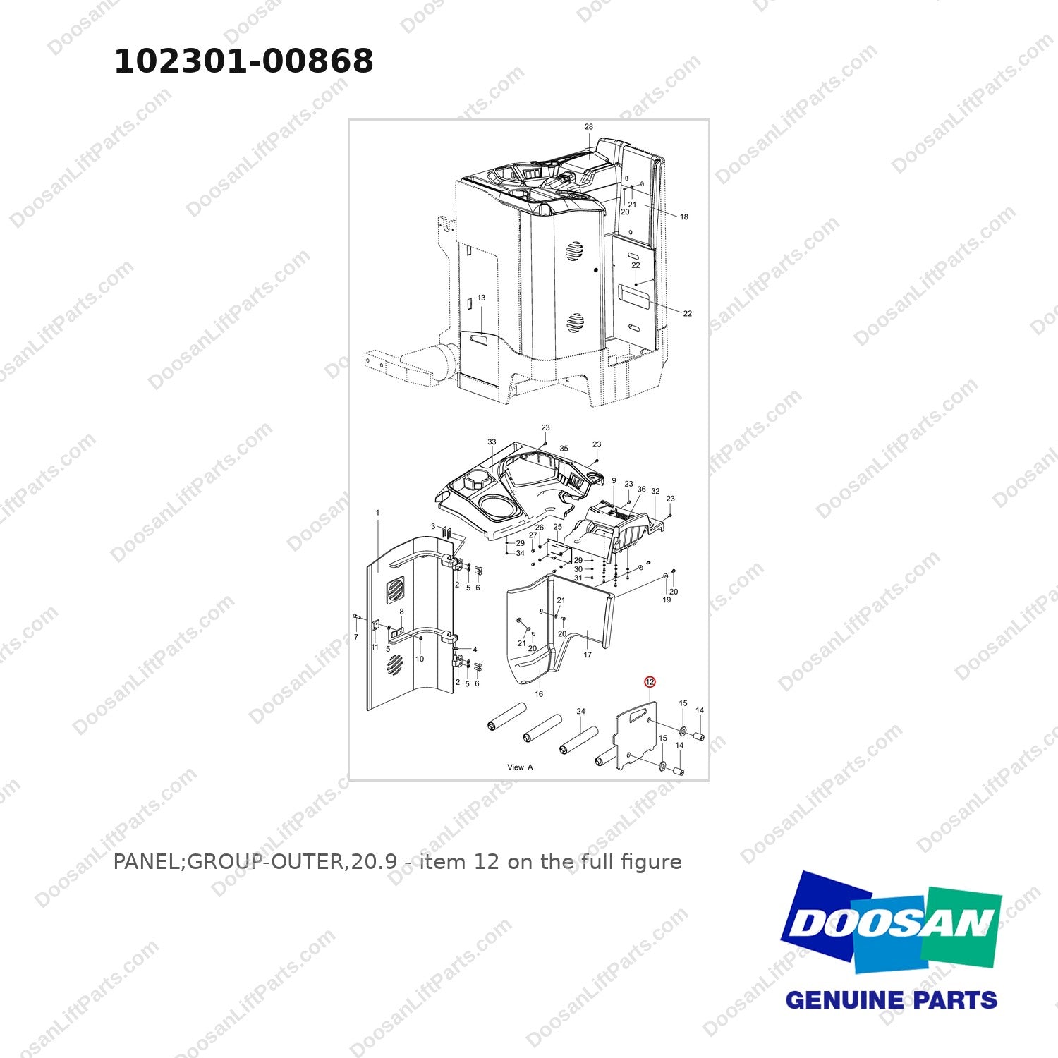 102301-00868 PANEL;GROUP-OUTER,20.9 - full parts diagram, item 12 marked - genuine Doosan / Bobcat forklift part