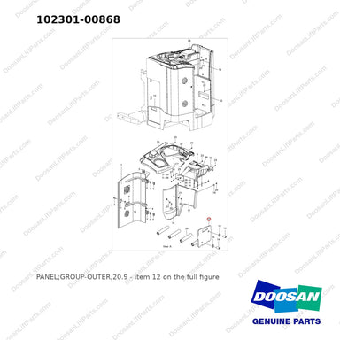 102301-00868 PANEL;GROUP-OUTER,20.9 - full parts diagram, item 12 marked - genuine Doosan / Bobcat forklift part