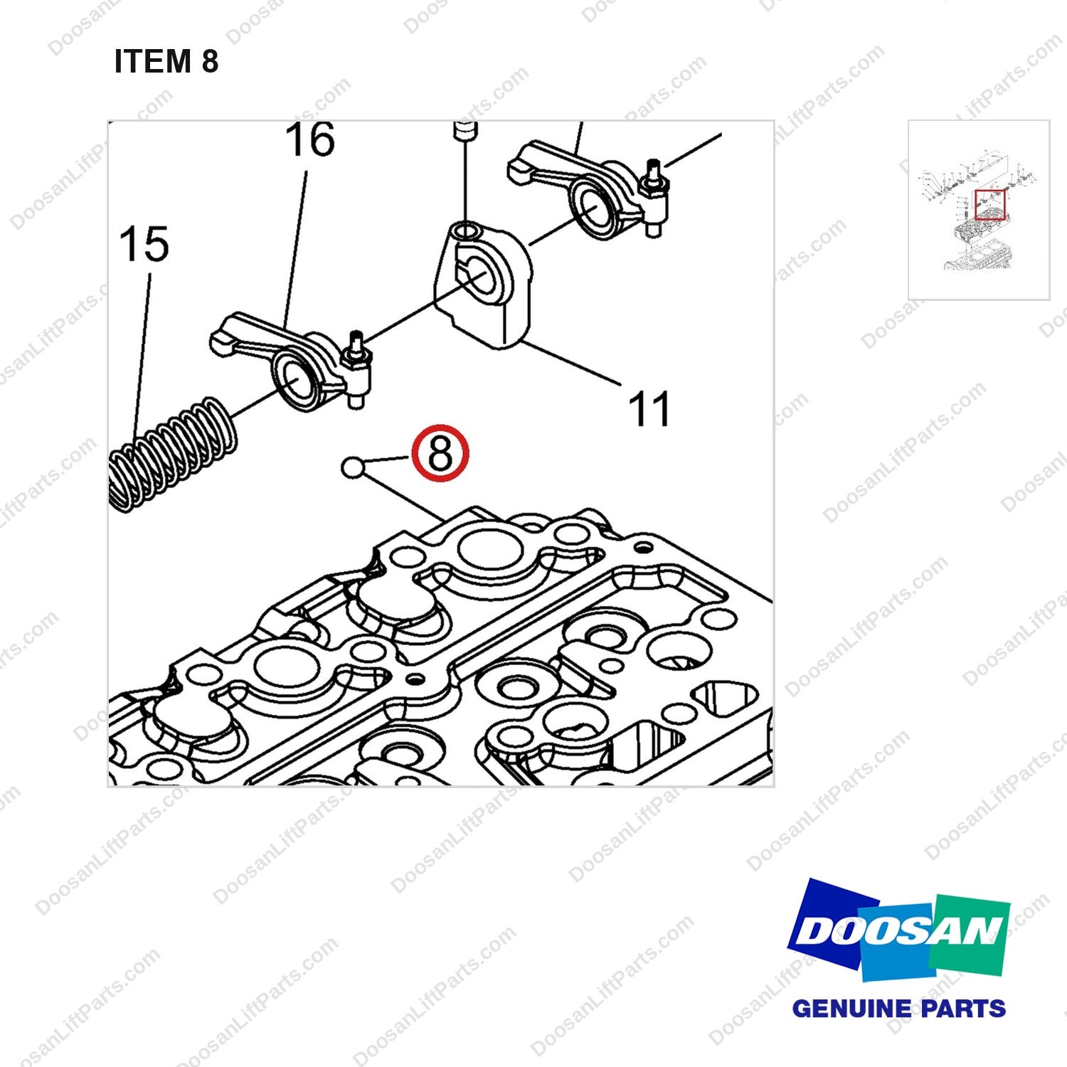 110202-00126 VALVE AND ROCKER ARM GP - parts diagram, item 8 shown - genuine Doosan / Bobcat forklift part