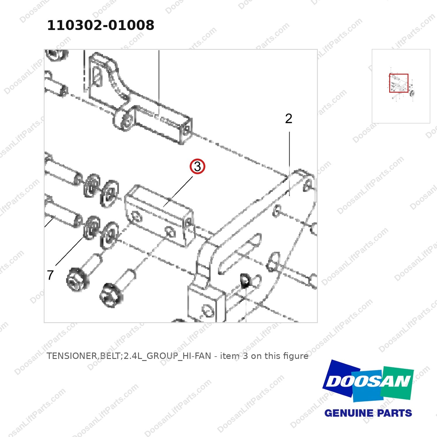 110302-01008 TENSIONER,BELT;2.4L_GROUP_HI-FAN - parts diagram, item 3 shown - genuine Doosan / Bobcat forklift part