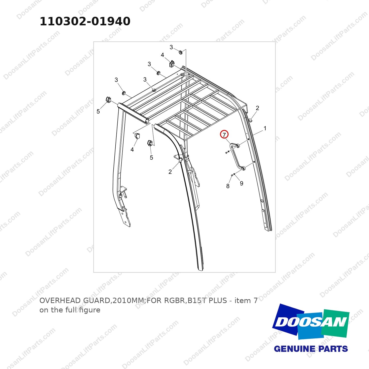 110302-01940 OVERHEAD GUARD,2010MM;FOR RGBR,B15T PLUS - full parts diagram, item 7 marked - genuine Doosan / Bobcat forklift part
