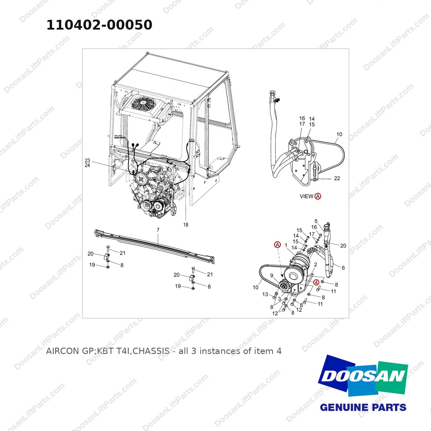 110402-00050 AIRCON GP;KBT T4I,CHASSIS - full parts diagram, item 4 marked - genuine Doosan / Bobcat forklift part