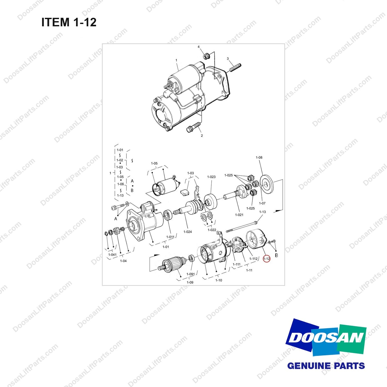 110405-00105 STARTER [COMPONENT PARTS] GP - full parts diagram, item 1-12 marked - genuine Doosan / Bobcat forklift part
