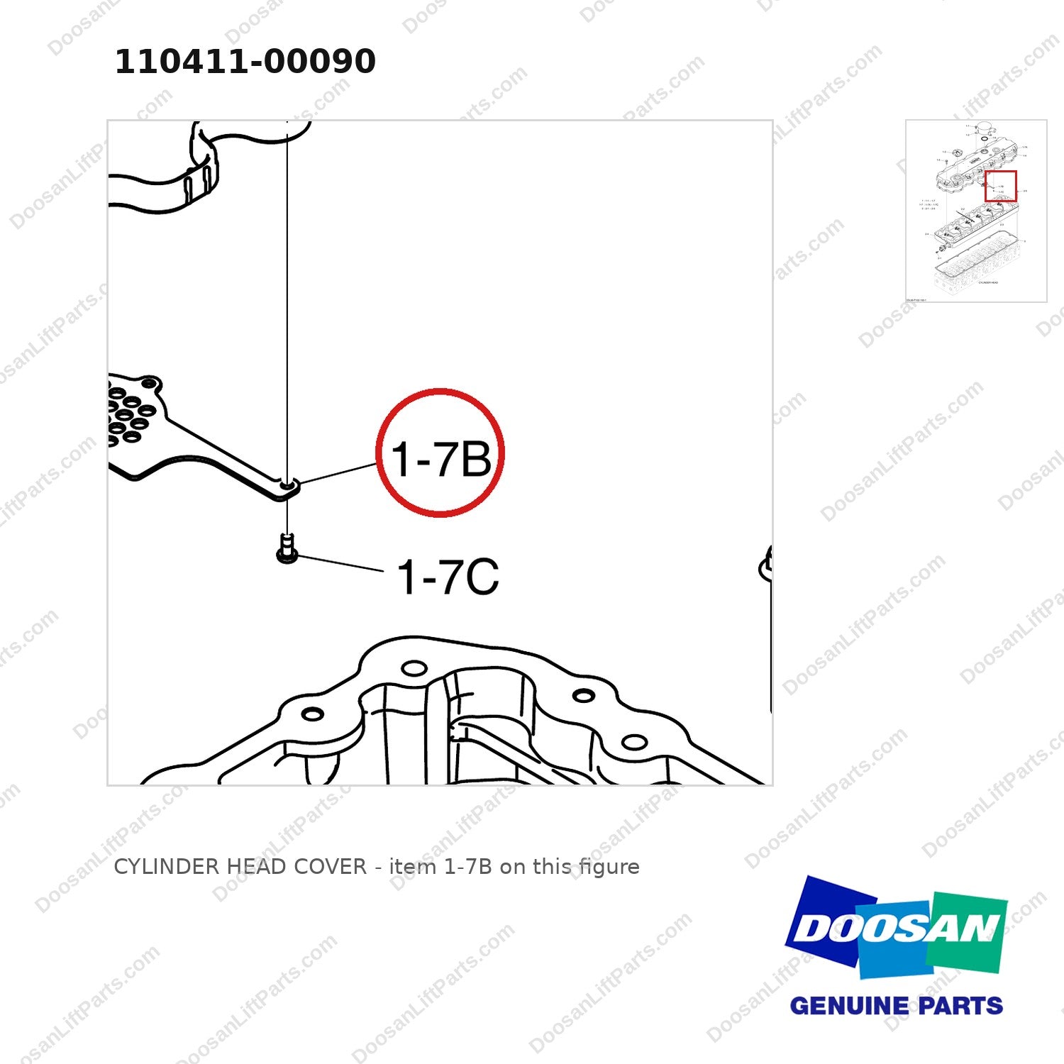110411-00090 CYLINDER HEAD COVER - parts diagram, item 1-7B shown - genuine Doosan / Bobcat forklift part