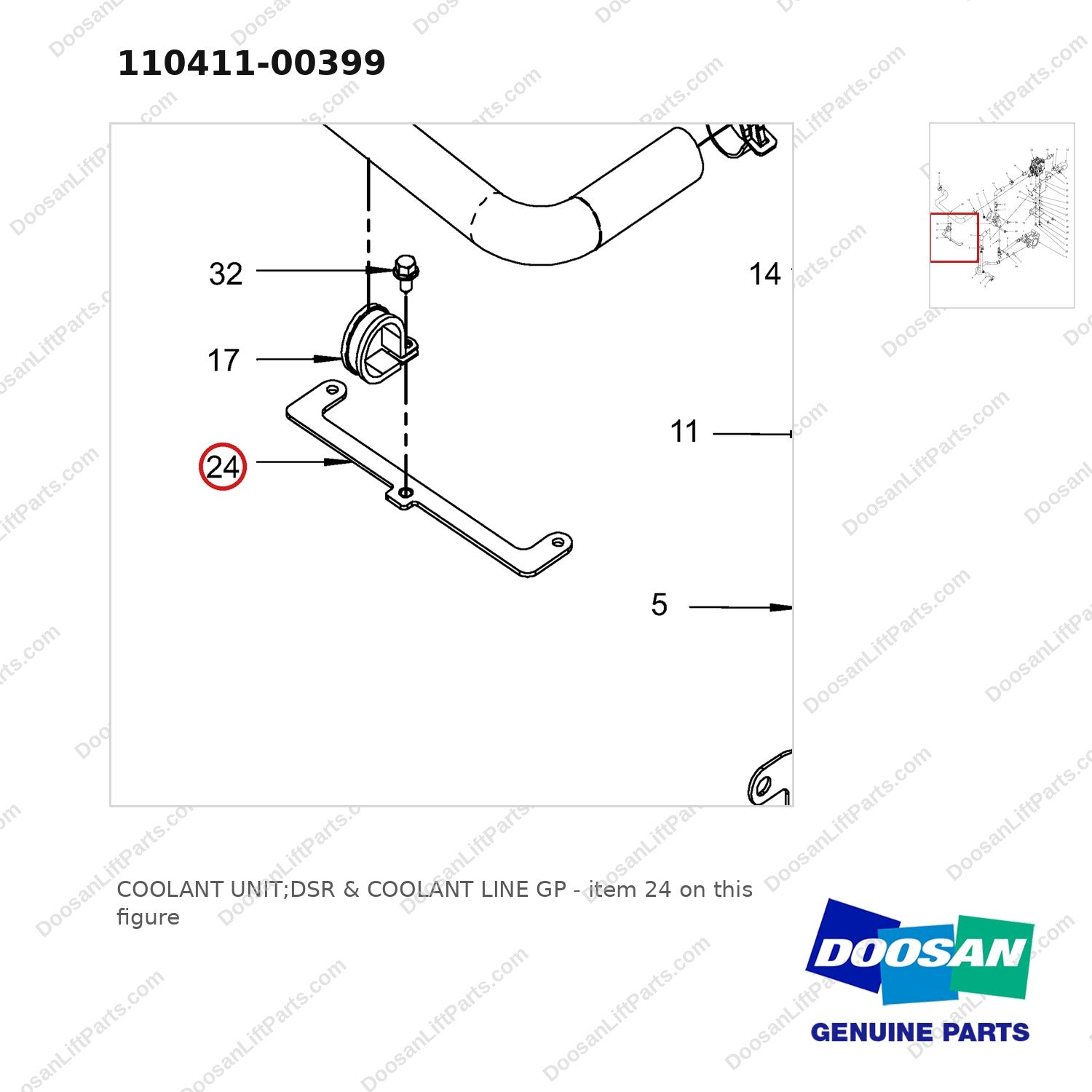 110411-00399 COOLANT UNIT;DSR & COOLANT LINE GP - parts diagram, item 24 shown - genuine Doosan / Bobcat forklift part